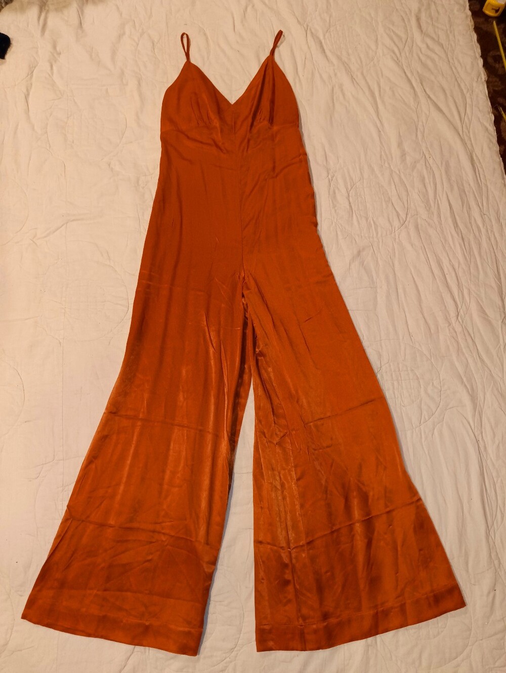 NWT WeWoreWhat Burnt Orange Wide-Leg Satin Jumpsuit with Spaghetti Straps